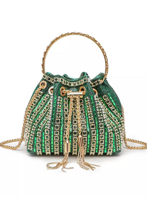 Green rhinestone embellished mini crossbody bag with gold chain and handle.