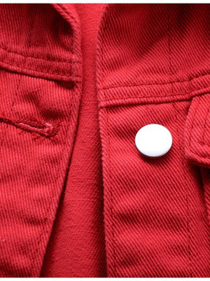 Red denim vest with button closure and pocket detail