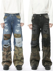 Camouflage panel distressed wide-leg jeans in medium and dark washes with ripped details.
