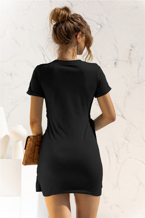 Black jersey mini dress with knot-front detail and short sleeves.