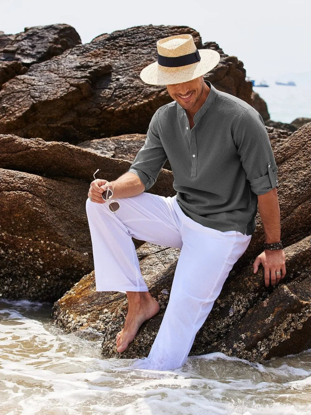 Textured dark gray henley shirt with roll-up sleeves and buttoned collar