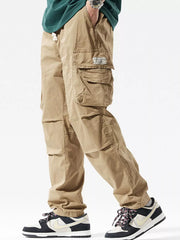 Khakis cargo pants for men with multiple pockets and drawstring waist.