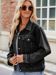 Black denim boxy fit jacket with button front and chest pockets