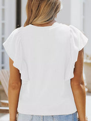 White ribbed t-shirt with ruffled short sleeves and a crew neck.