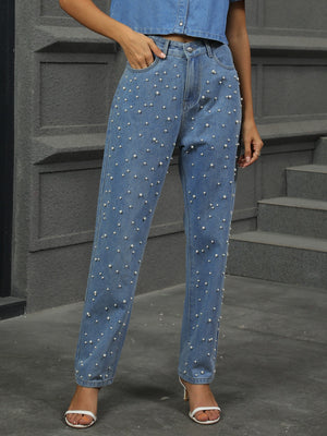Dusty blue straight leg jeans with all-over pearl embellishments.