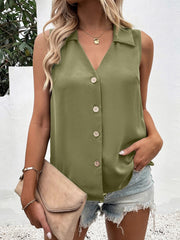 Sleeveless collared button-down blouse in olive green with a V-neck and light wood buttons.