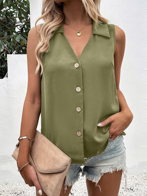 Sleeveless collared button-down blouse in olive green with a V-neck and light wood buttons.