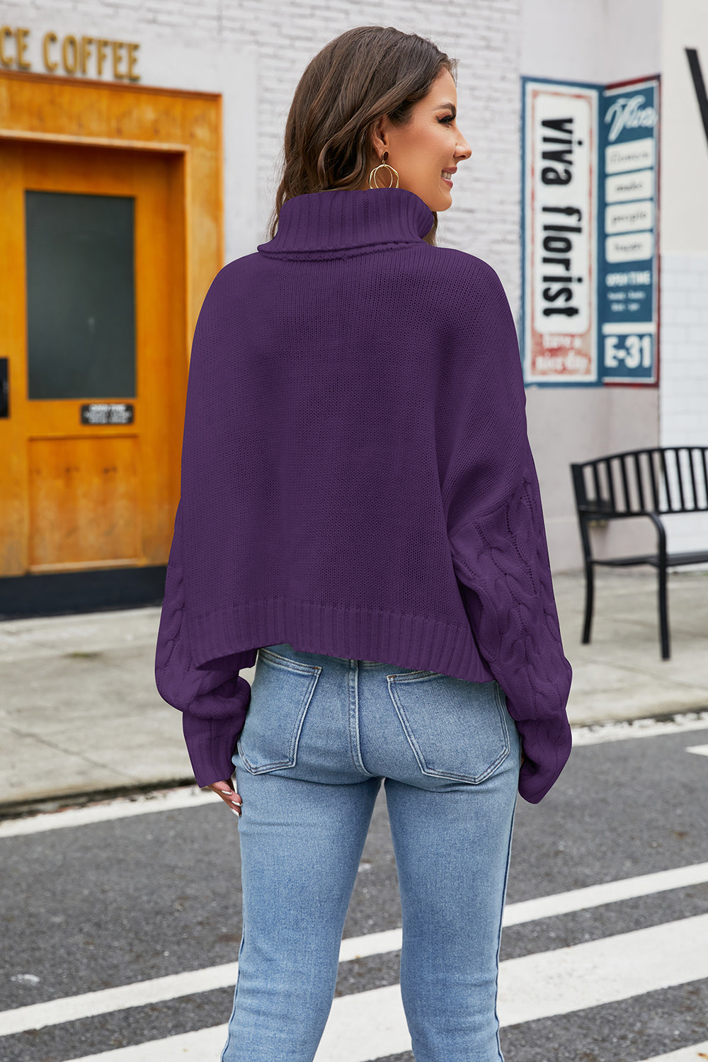 Plum cropped cable knit turtleneck sweater with a high neck and cuffed sleeves.