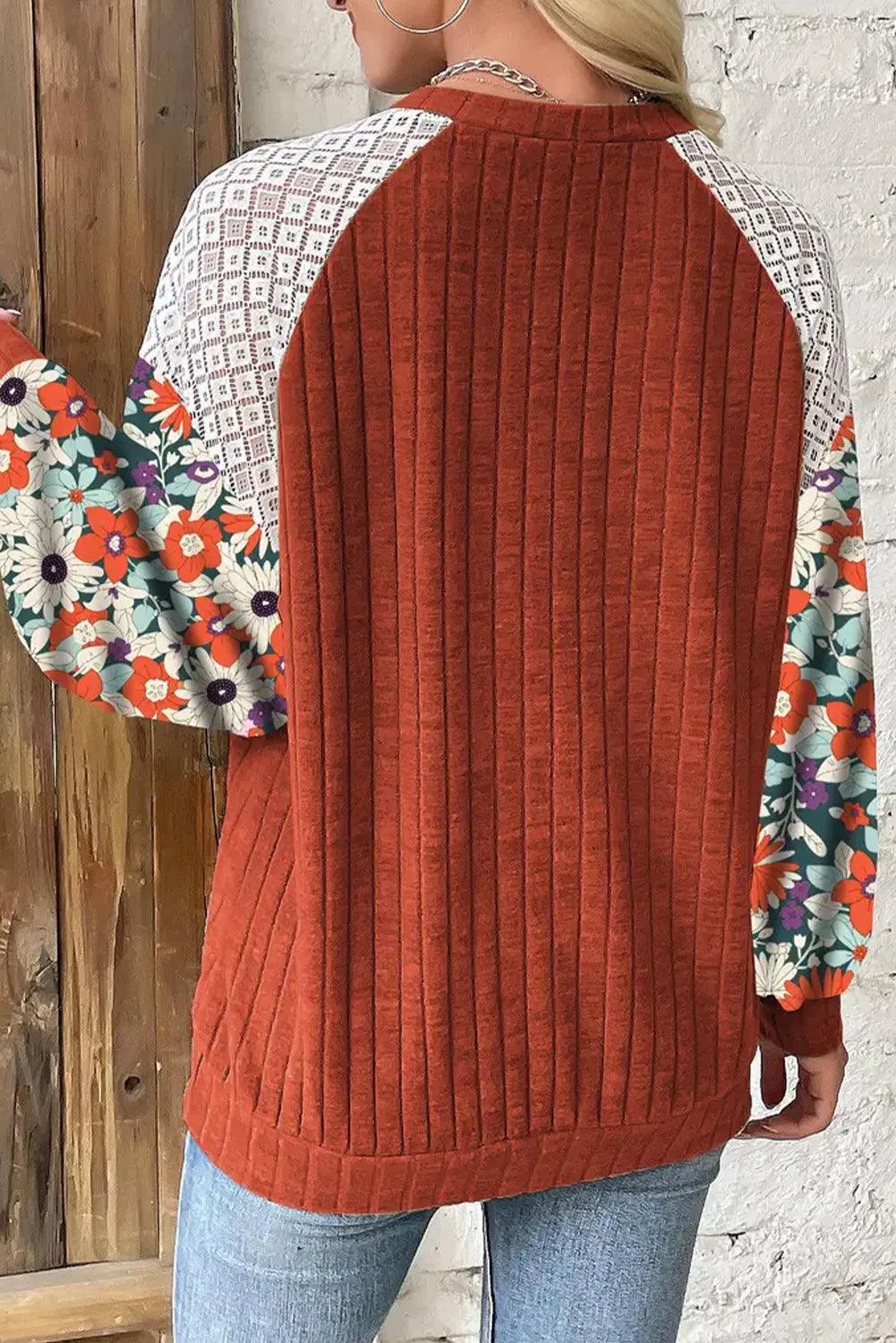 Terracotta ribbed blouse with floral print sleeves and lace yoke detail