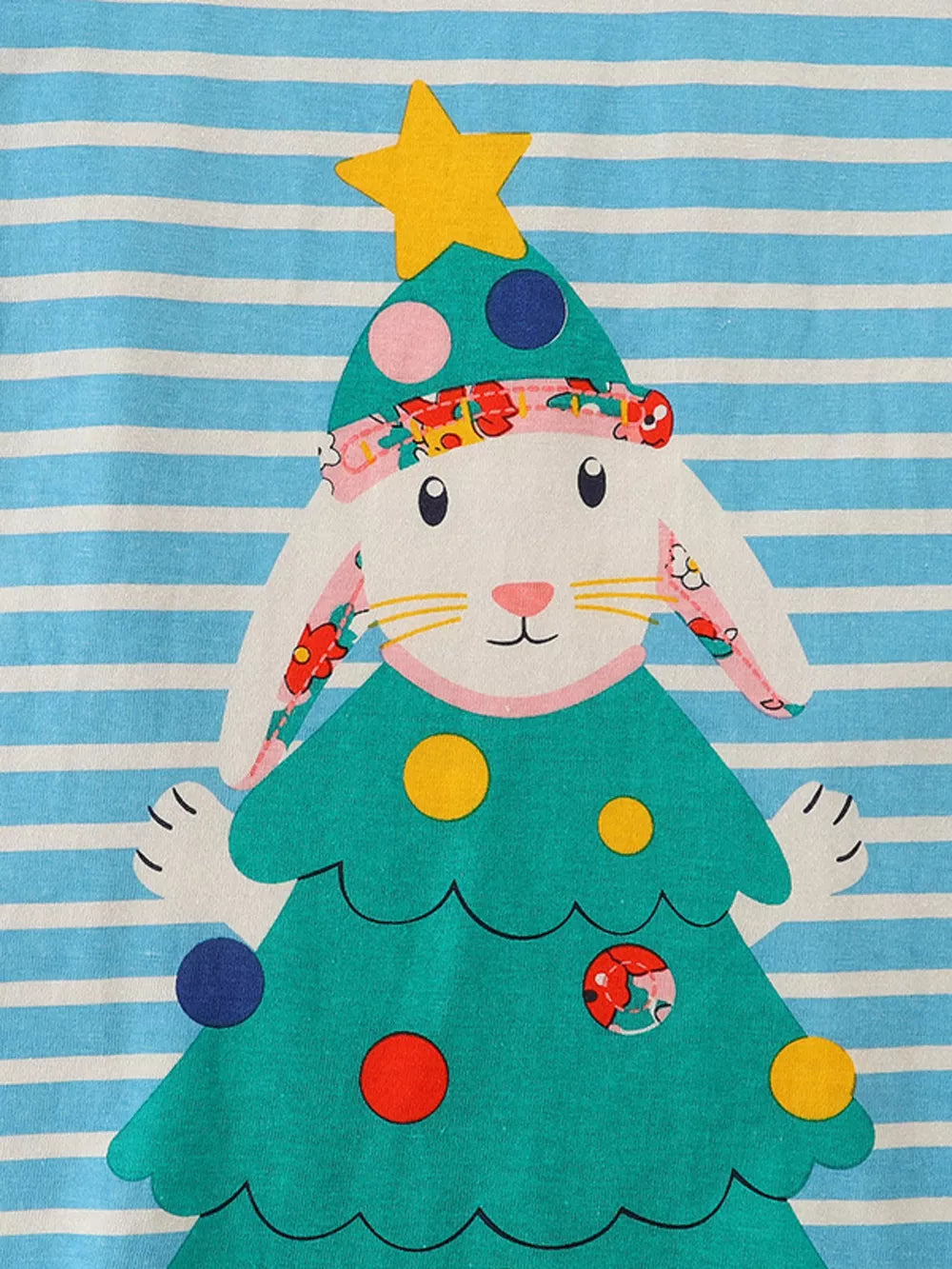 Toddler blue striped cotton t-shirt with festive Christmas bunny graphic.
