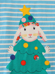 Toddler blue striped cotton t-shirt with festive Christmas bunny graphic.