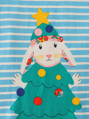 Toddler blue striped cotton t-shirt with festive Christmas bunny graphic.