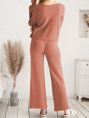 Wide-leg acrylic loungewear set in caramel, featuring a relaxed fit and comfortable style.