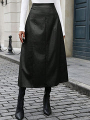 Black croc-effect A-line midi skirt with a flared silhouette.