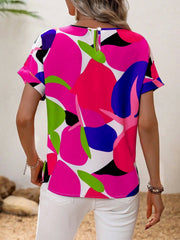 Women's abstract floral print tee with short sleeves and a keyhole back detail.