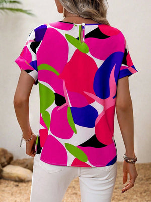 Women's abstract floral print tee with short sleeves and a keyhole back detail.