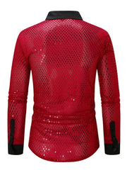 Men's red openwork long sleeve shirt with sequin detail and black collar.