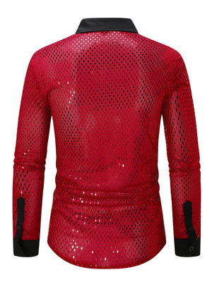 Men's red openwork long sleeve shirt with sequin detail and black collar.