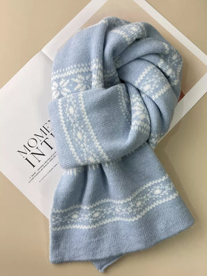 Sky blue reversible wool blend scarf with white snowflake pattern