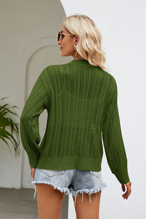 Green openwork knit button-down cardigan with long sleeves and a relaxed fit.