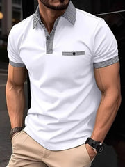 White polo shirt with black gingham trim on collar, pocket, and sleeves.