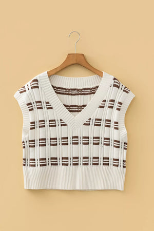Contrast Geometric Textured Knit V Neck Cropped Sweater Vest, close-up detail