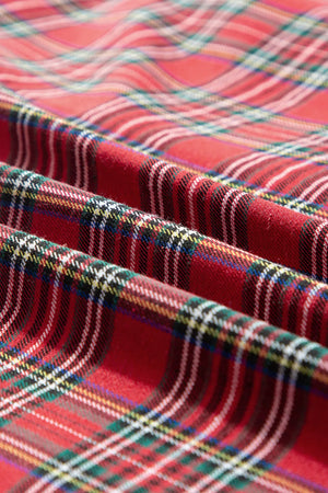 Crimson plaid pajama set fabric detail with red, white, green, and blue plaid pattern.