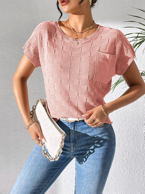 Textured knit pocket tee in Dusty Pink with short sleeves and crew neck.
