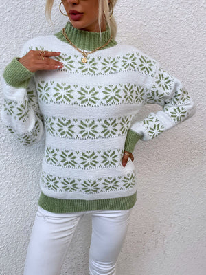Alpine Fair Isle mock neck pullover sweater in white with green snowflake pattern and ribbed trim.