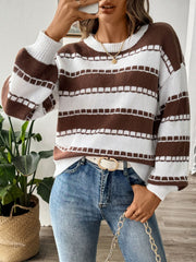 Textured stripe crewneck sweater in chocolate and white, with crew neck and long sleeves.