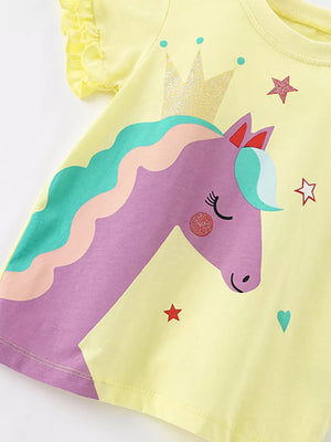 Yellow cotton blend baby t-shirt with unicorn graphic and ruffle sleeves.