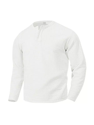 White waffle knit henley t-shirt with button placket and long sleeves.