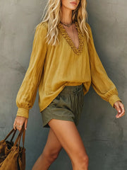 Bohemian Ruffled V-neck Long Sleeve Blouse in White, fabric detail