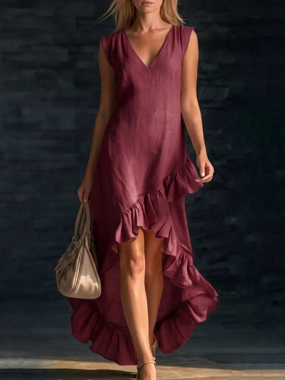 Full Size V-neck Ruffle Hem High-low Dress, close-up detail