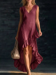 Full Size V-neck Ruffle Hem High-low Dress, close-up detail