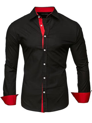 Men's black slim fit cotton blend shirt with red contrast trim on collar, placket, and cuffs.