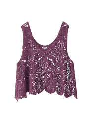 Deep purple lace overlay cropped vest with intricate floral pattern and scalloped hem.