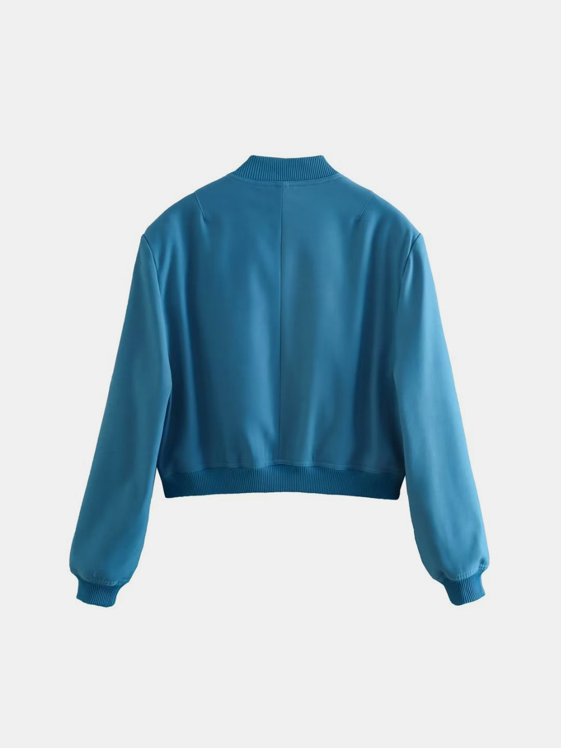 Boxy bomber jacket in Sky Blue with ribbed collar, cuffs, and hem.