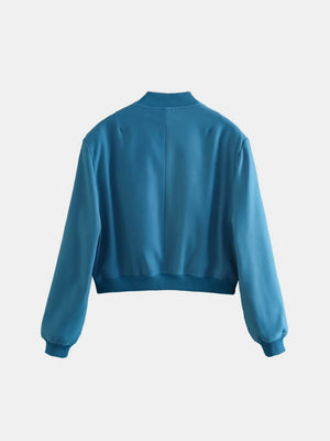 Boxy bomber jacket in Sky Blue with ribbed collar, cuffs, and hem.