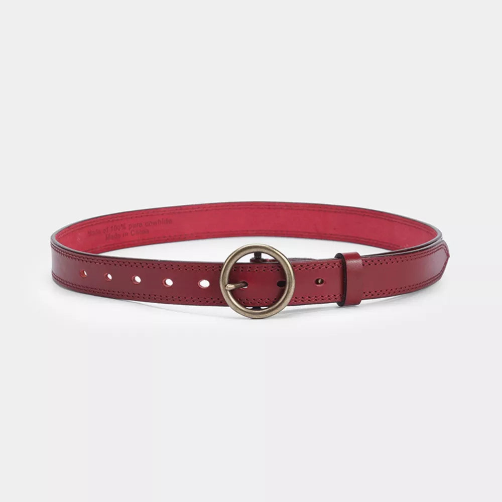 Red leather belt with antique brass round buckle and visible stitching.