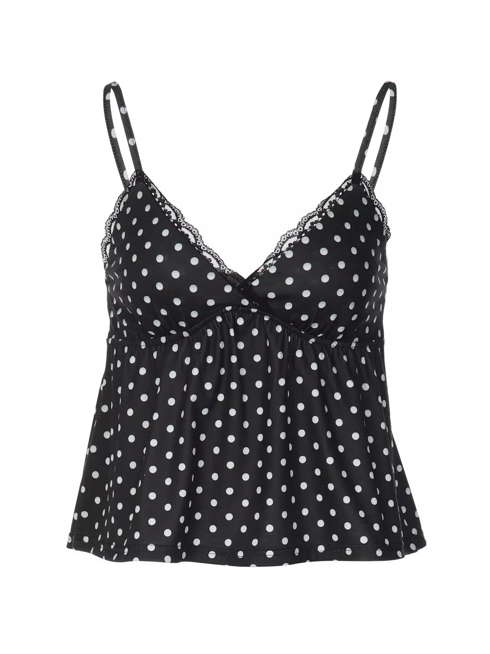 Black polka dot cami with lace trim and adjustable straps.