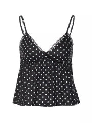 Black polka dot cami with lace trim and adjustable straps.
