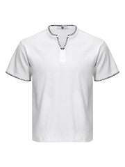 Men's Notched Short Sleeve Henley Top in White, front view