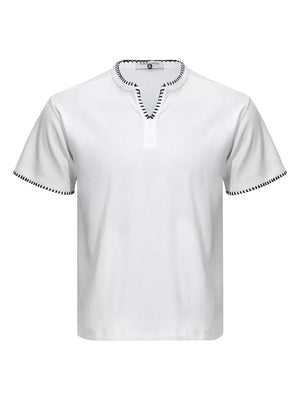 Men's Notched Short Sleeve Henley Top in White, front view
