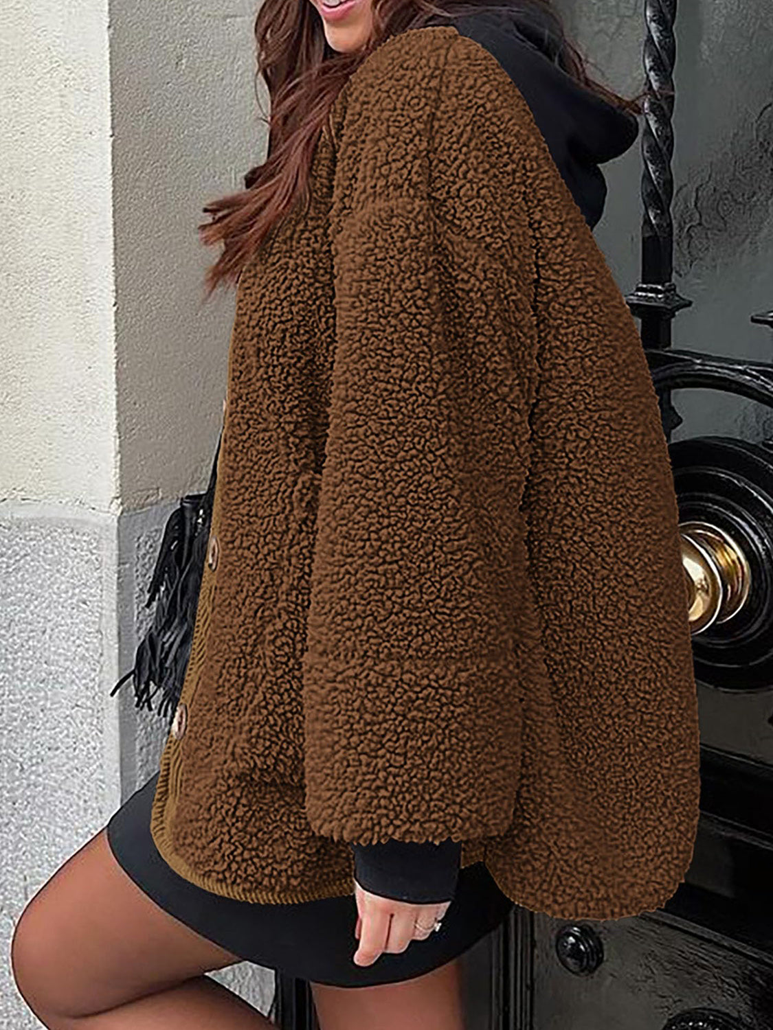 Brown teddy-texture button-up jacket with corduroy trim detail