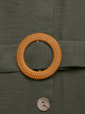 Button-down midi dress in olive green with a woven wood belt buckle detail and button closure.