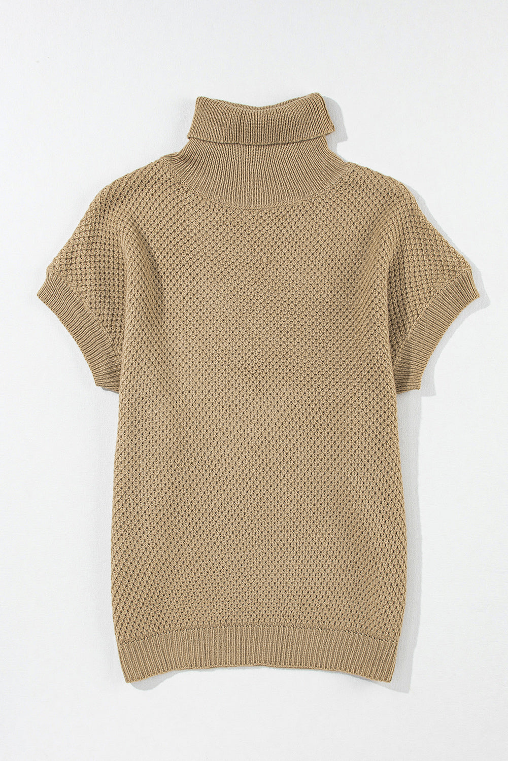 Khaki textured knit turtleneck cap sleeve sweater with a waffle knit pattern.