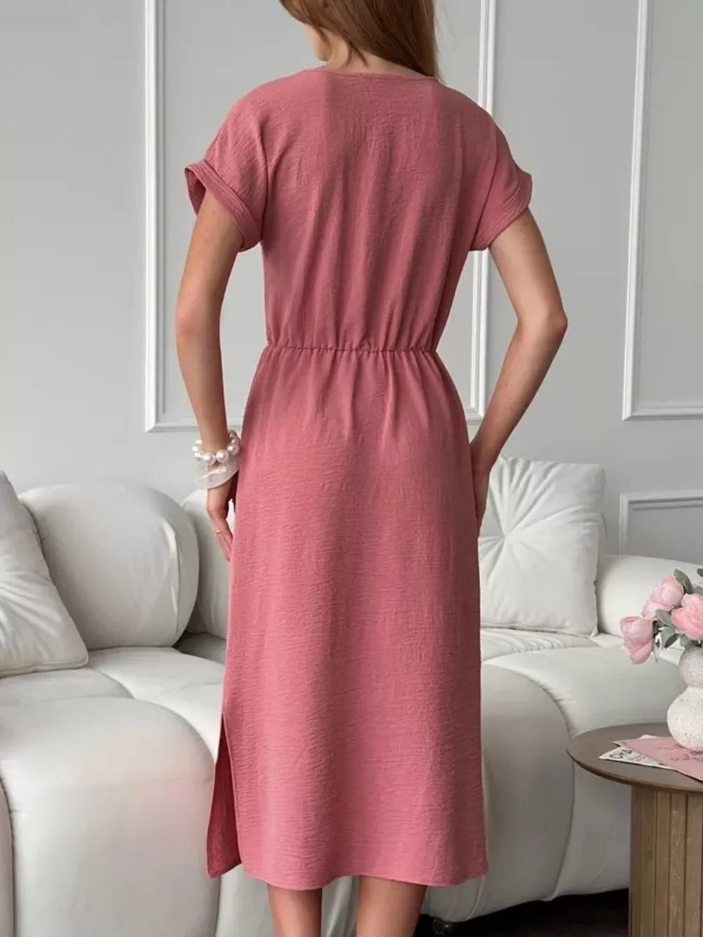 Casual Drawstring Waist Midi Dress in Deep Rose, alternate angle