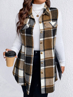 Oversized plaid shirt vest in brown, black, and camel with button front and chest pockets.