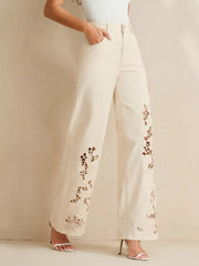 Embroidered Cutout Wide-leg Jeans